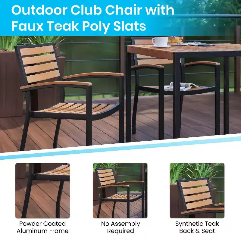 Emma and Oliver 5 Piece Patio Table Set - 2 Synthetic Faux Teak Stackable Chairs - Faux Teak Table - Umbrella with Base