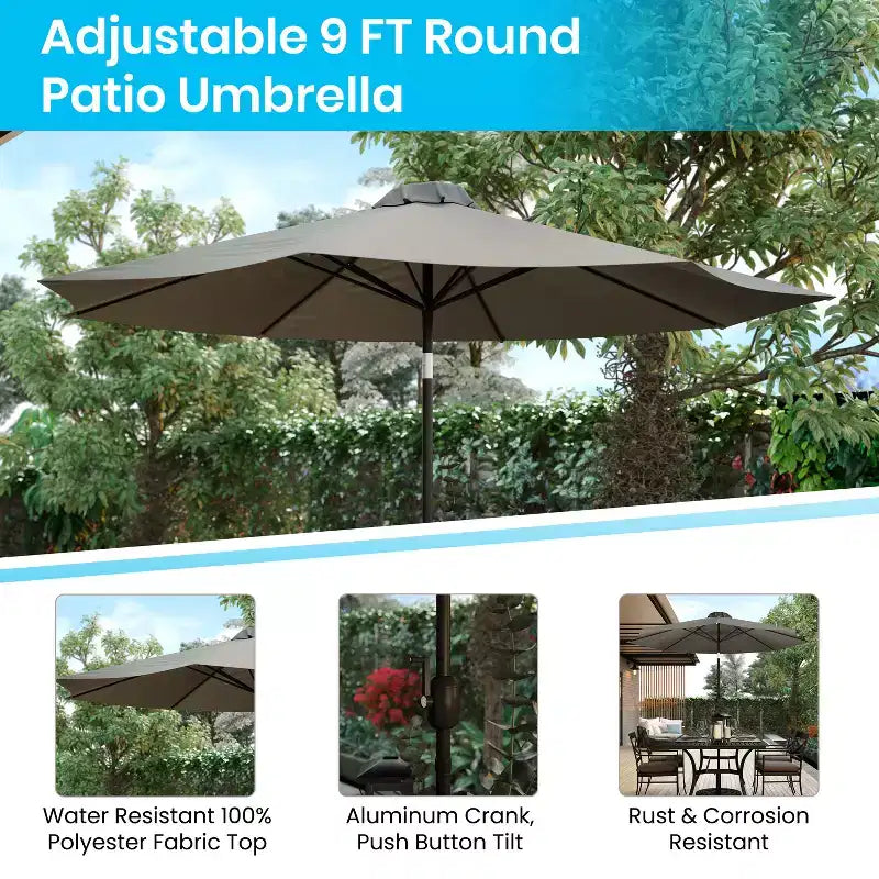 Emma and Oliver 5 Piece Patio Table Set - 2 Synthetic Faux Teak Stackable Chairs - Faux Teak Table - Umbrella with Base