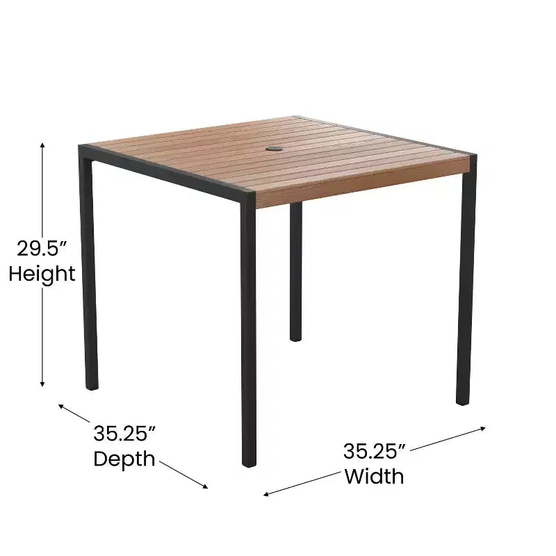 Emma and Oliver 5 Piece Patio Table Set - 2 Synthetic Faux Teak Stackable Chairs - Faux Teak Table - Umbrella with Base
