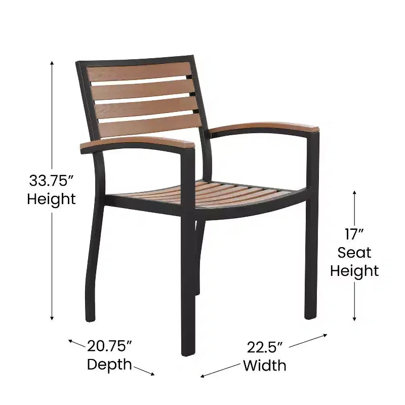 Emma and Oliver 5 Piece Patio Table Set - 2 Synthetic Faux Teak Stackable Chairs - Faux Teak Table - Umbrella with Base