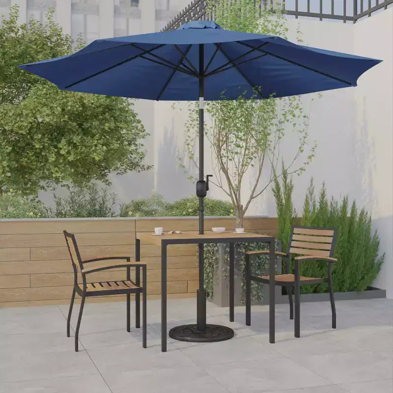 Emma and Oliver 5 Piece Patio Table Set - 2 Synthetic Faux Teak Stackable Chairs - Faux Teak Table - Umbrella with Base