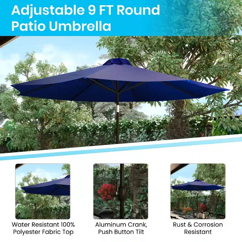 Emma and Oliver 5 Piece Patio Table Set - 2 Synthetic Faux Teak Stackable Chairs - Faux Teak Table - Umbrella with Base