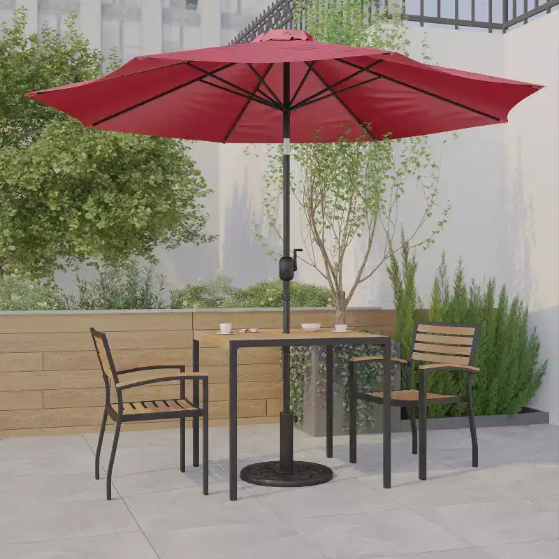 Emma and Oliver 5 Piece Patio Table Set - 2 Synthetic Faux Teak Stackable Chairs - Faux Teak Table - Umbrella with Base