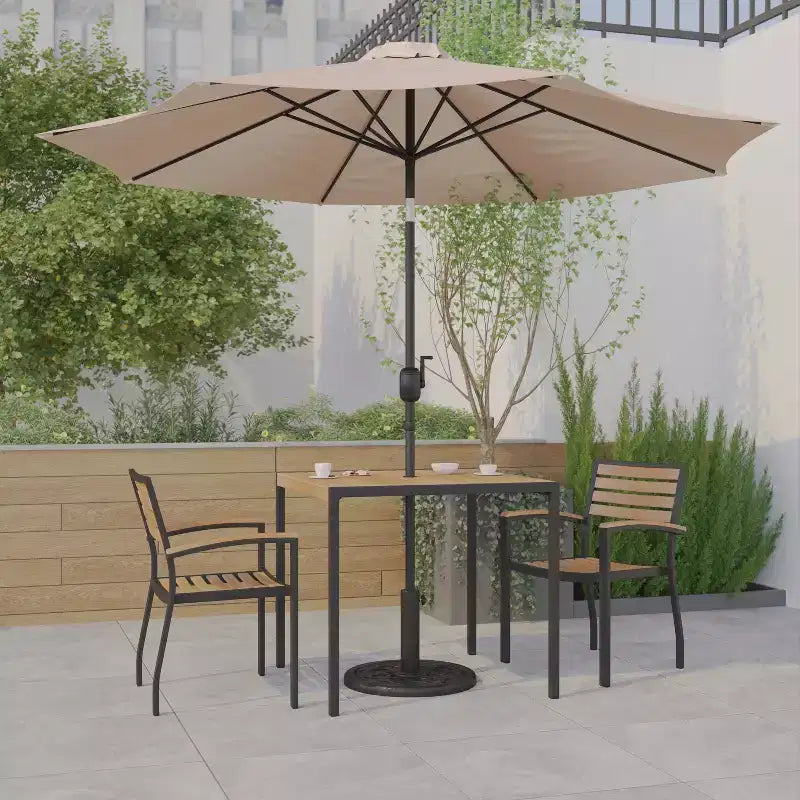 Emma and Oliver 5 Piece Patio Table Set - 2 Synthetic Faux Teak Stackable Chairs - Faux Teak Table - Umbrella with Base
