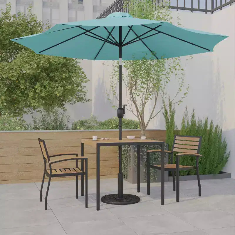 Emma and Oliver 5 Piece Patio Table Set - 2 Synthetic Faux Teak Stackable Chairs - Faux Teak Table - Umbrella with Base