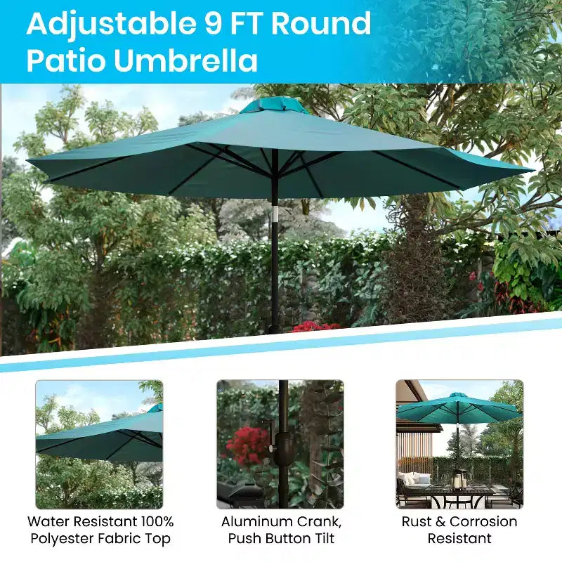 Emma and Oliver 5 Piece Patio Table Set - 2 Synthetic Faux Teak Stackable Chairs - Faux Teak Table - Umbrella with Base