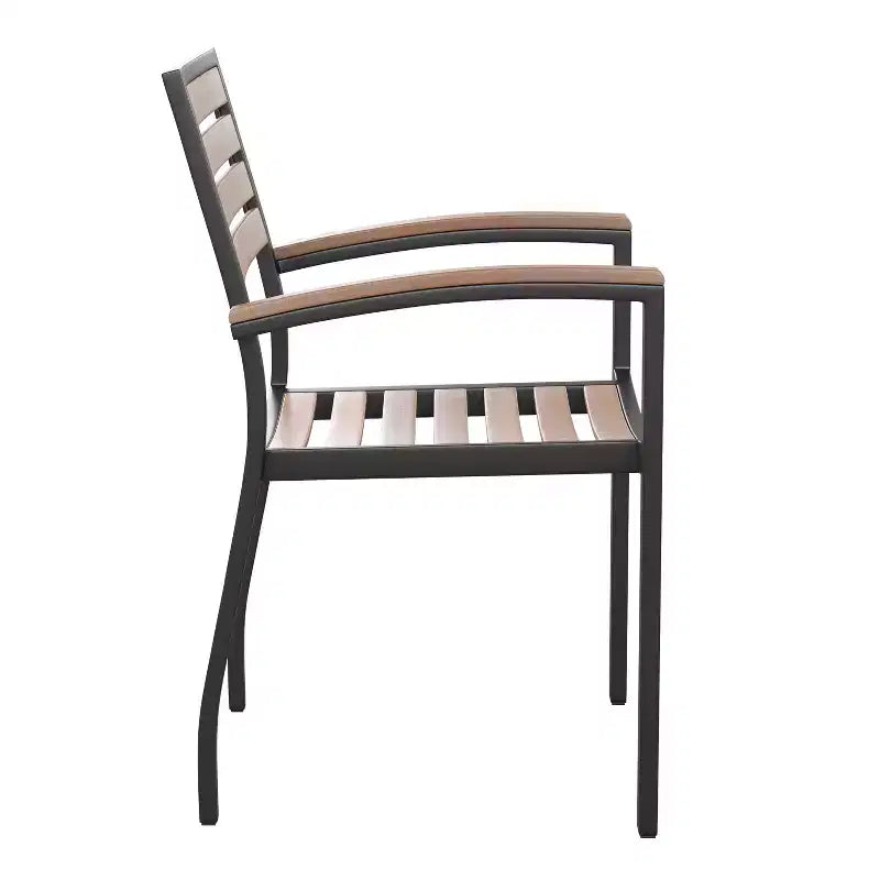 Emma and Oliver 5 Piece Patio Table Set - 2 Synthetic Faux Teak Stackable Chairs - Faux Teak Table - Umbrella with Base