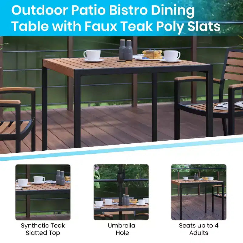 Emma and Oliver 5 Piece Patio Table Set - 2 Synthetic Faux Teak Stackable Chairs - Faux Teak Table - Umbrella with Base