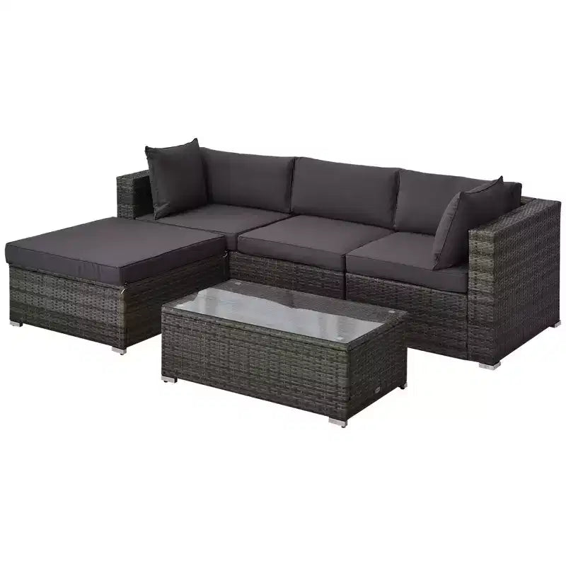 Outsunny 5-Piece Outdoor Sectional Furniture, Patio Sofa Set, PE Wicker Couch, Cushions, Pillows, Ottoman, Coffee Table