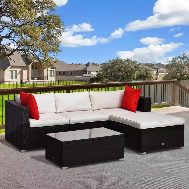 Outsunny 5-Piece Outdoor Sectional Furniture, Patio Sofa Set, PE Wicker Couch, Cushions, Pillows, Ottoman, Coffee Table