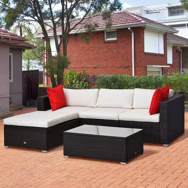 Outsunny 5-Piece Outdoor Sectional Furniture, Patio Sofa Set, PE Wicker Couch, Cushions, Pillows, Ottoman, Coffee Table