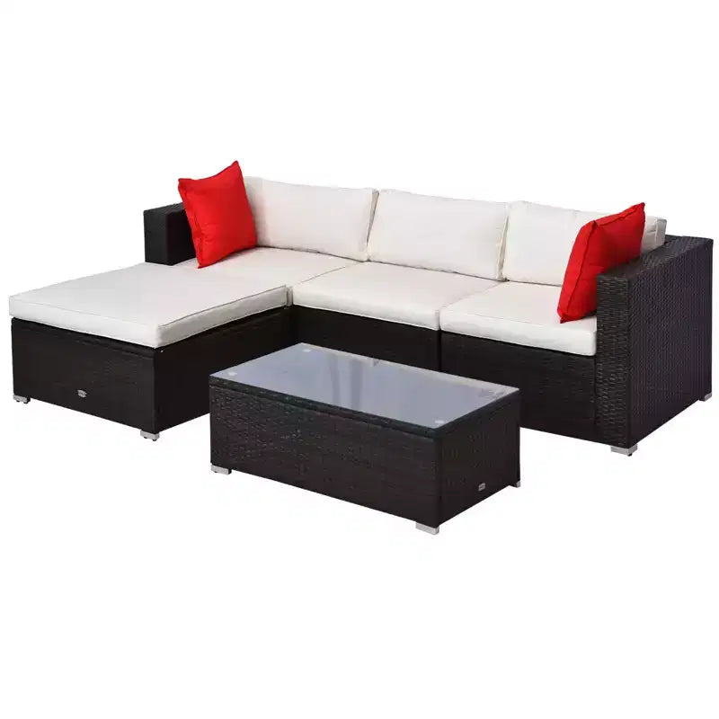 Outsunny 5-Piece Outdoor Sectional Furniture, Patio Sofa Set, PE Wicker Couch, Cushions, Pillows, Ottoman, Coffee Table