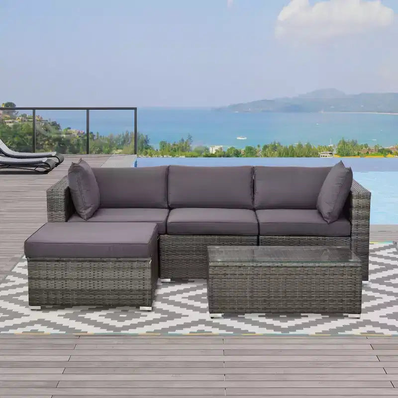 Outsunny 5-Piece Outdoor Sectional Furniture, Patio Sofa Set, PE Wicker Couch, Cushions, Pillows, Ottoman, Coffee Table