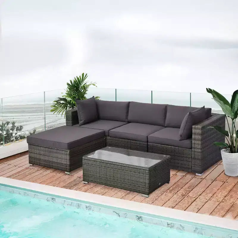 Outsunny 5-Piece Outdoor Sectional Furniture, Patio Sofa Set, PE Wicker Couch, Cushions, Pillows, Ottoman, Coffee Table