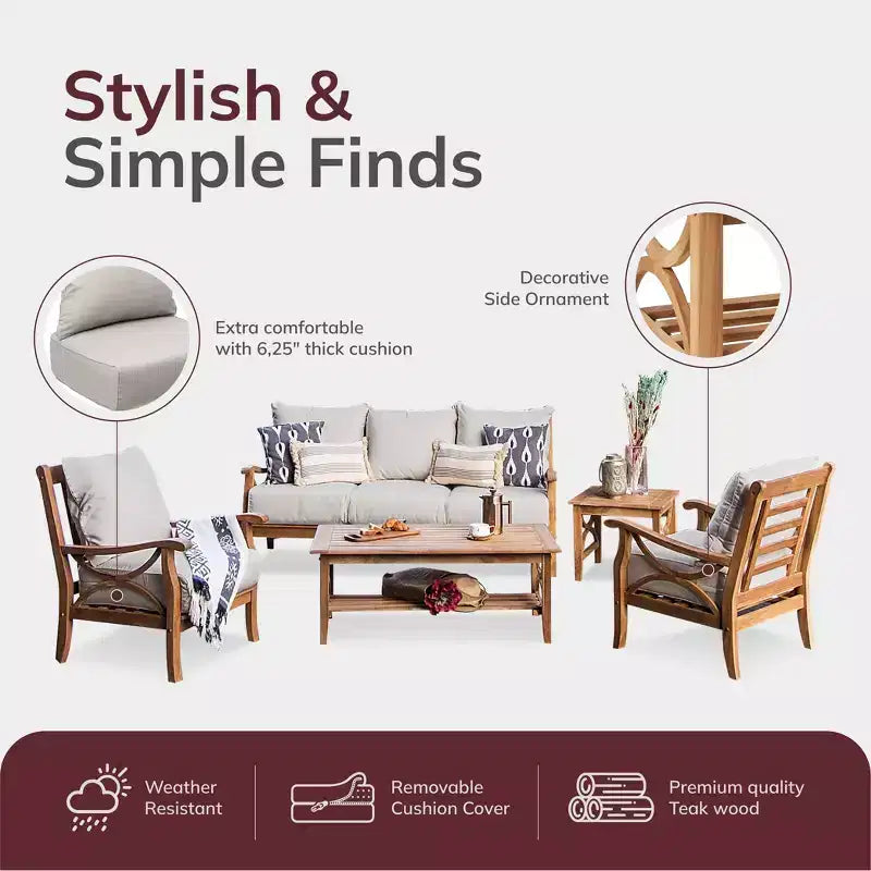 Sonoma Lane Alamo 5pc Teak Outdoor Conversation Set with Zippered Cushions