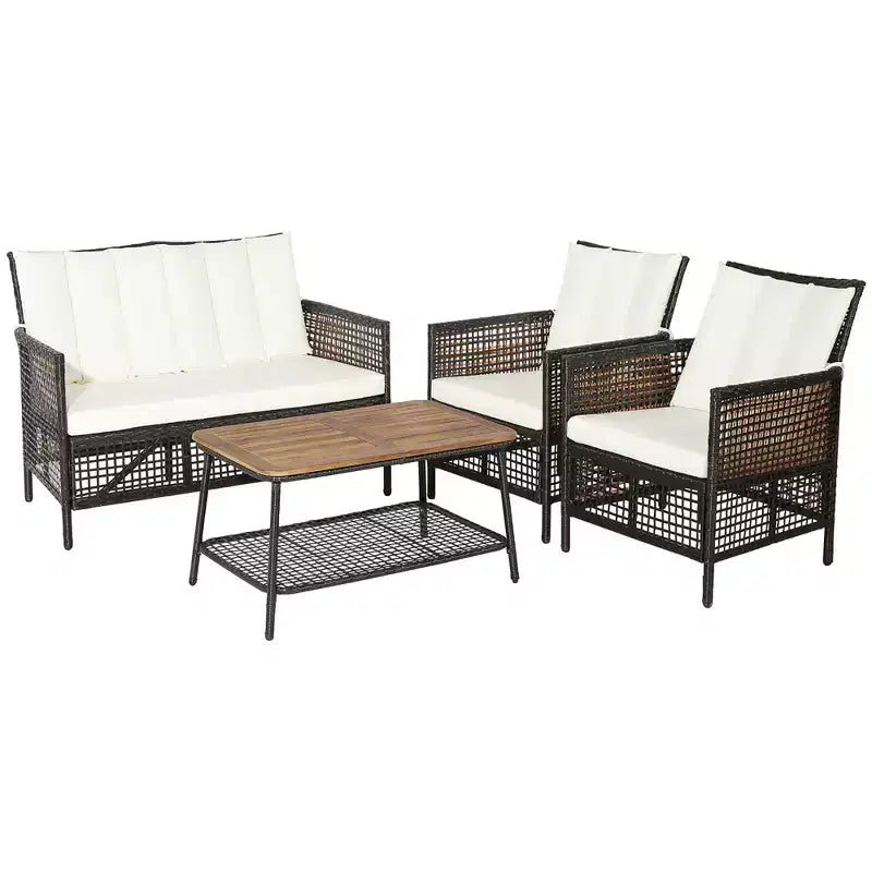 Costway Patiojoy 4PCS Patio Rattan Furniture Set Cushioned Chairs Wood Table Top W/Shelf