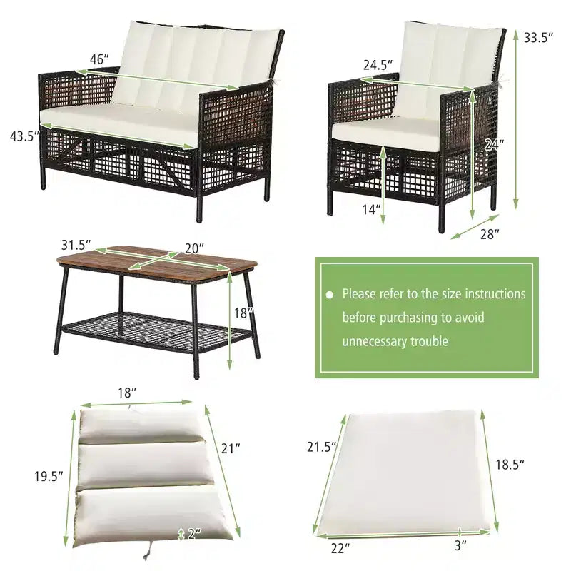Costway Patiojoy 4PCS Patio Rattan Furniture Set Cushioned Chairs Wood Table Top W/Shelf