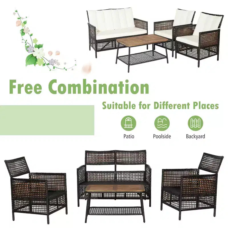Costway Patiojoy 4PCS Patio Rattan Furniture Set Cushioned Chairs Wood Table Top W/Shelf