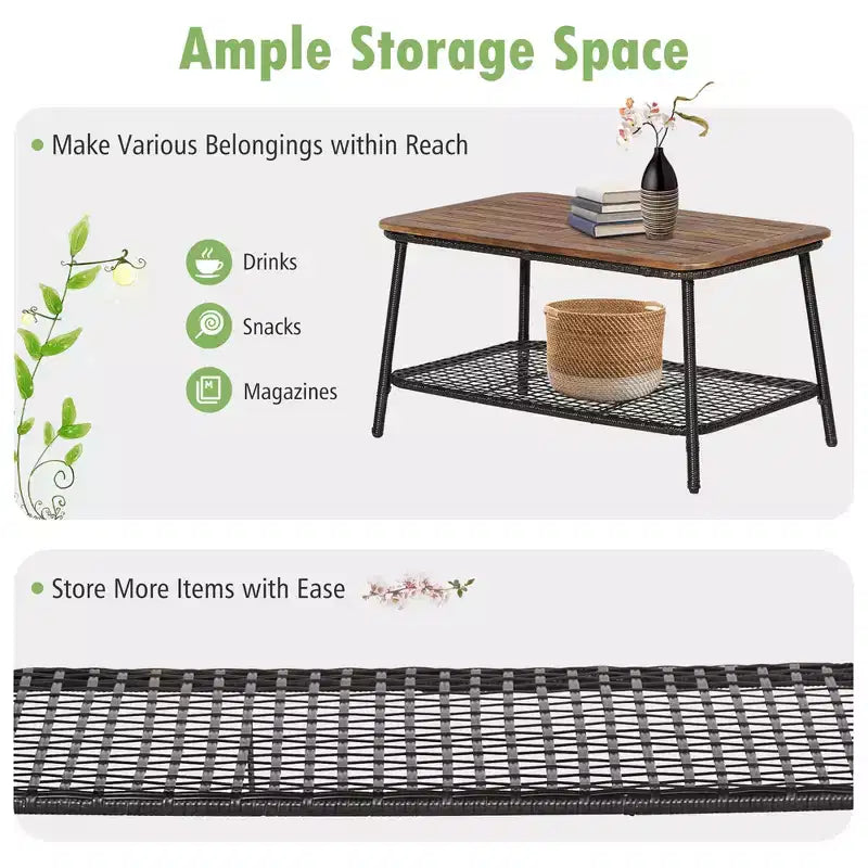 Costway Patiojoy 4PCS Patio Rattan Furniture Set Cushioned Chairs Wood Table Top W/Shelf