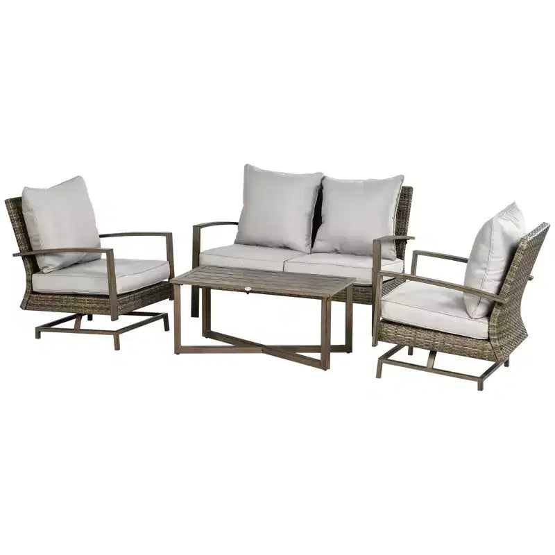 Outsunny Patio Furniture Set, 4 Piece Outdoor Rattan Conversation Set with 2 Rocking Chairs, Cushions, Loveseat Sofa & Coffee Table