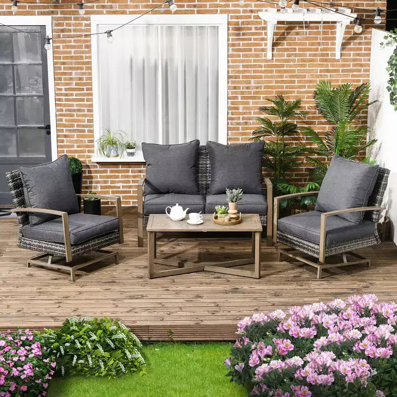 Outsunny Patio Furniture Set, 4 Piece Outdoor Rattan Conversation Set with 2 Rocking Chairs, Cushions, Loveseat Sofa & Coffee Table
