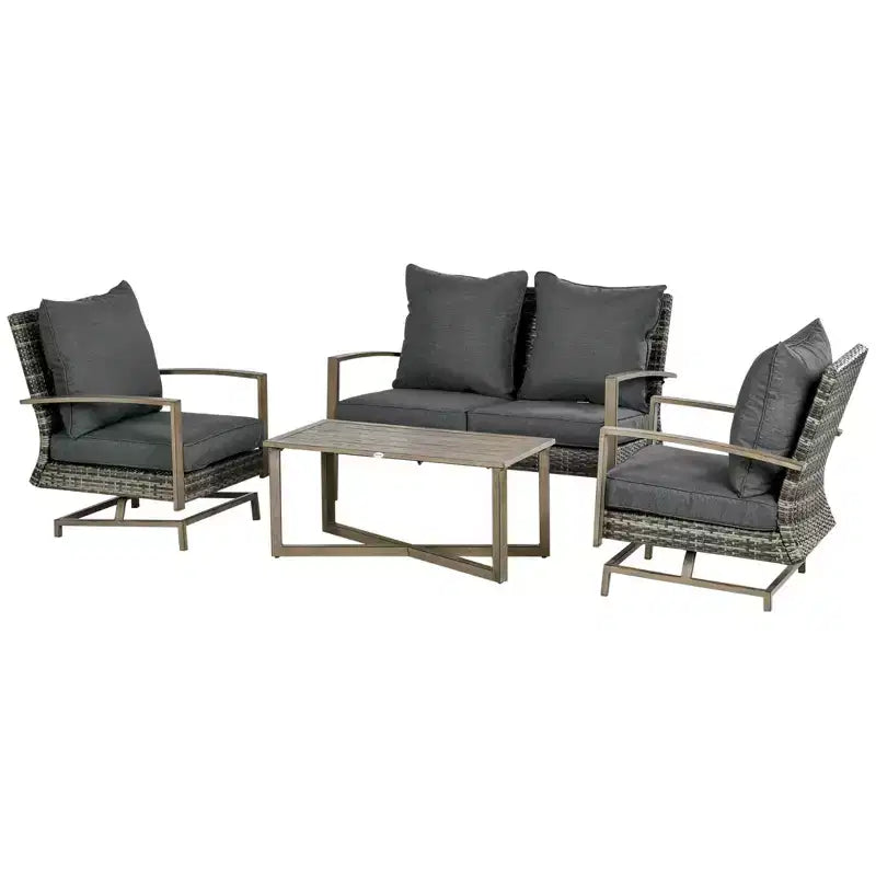 Outsunny Patio Furniture Set, 4 Piece Outdoor Rattan Conversation Set with 2 Rocking Chairs, Cushions, Loveseat Sofa & Coffee Table