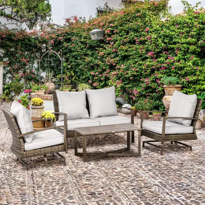 Outsunny Patio Furniture Set, 4 Piece Outdoor Rattan Conversation Set with 2 Rocking Chairs, Cushions, Loveseat Sofa & Coffee Table
