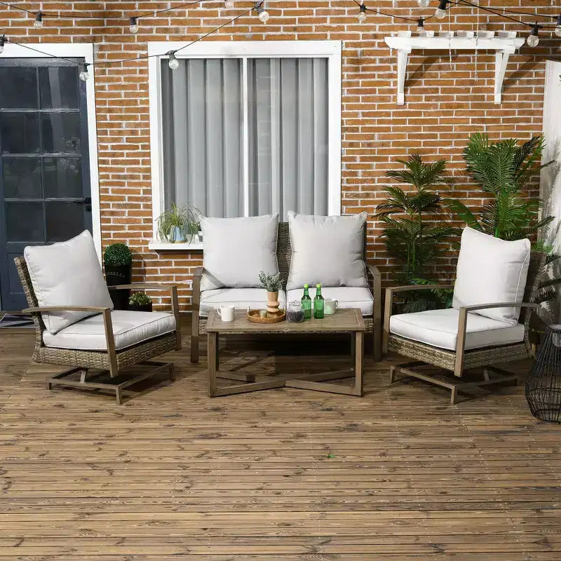 Outsunny Patio Furniture Set, 4 Piece Outdoor Rattan Conversation Set with 2 Rocking Chairs, Cushions, Loveseat Sofa & Coffee Table