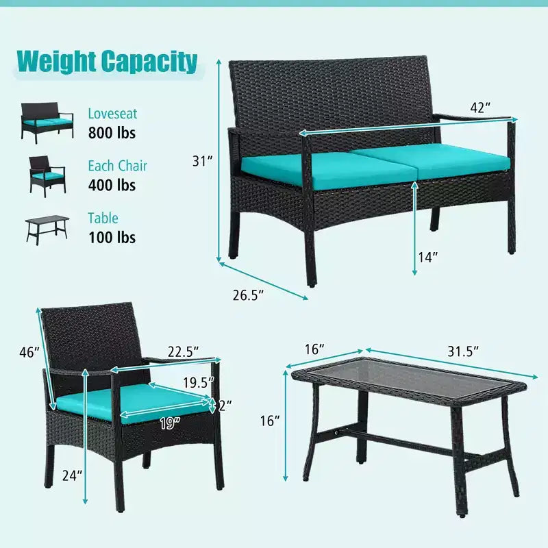 Costway 4PCS Patio Wicker Furniture Set Cushioned Chairs& Loveseat with Coffee Table Garden