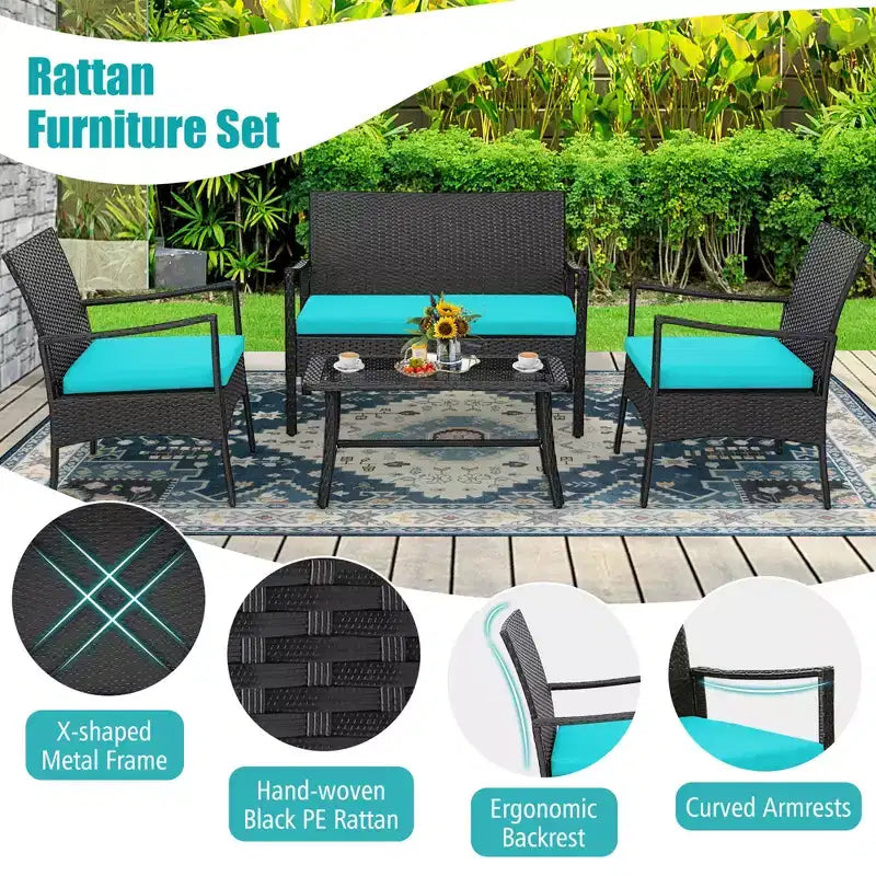 Costway 4PCS Patio Wicker Furniture Set Cushioned Chairs& Loveseat with Coffee Table Garden