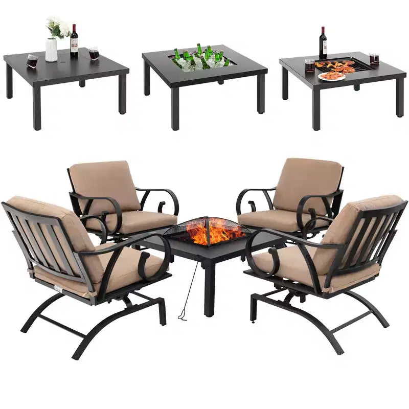 Costway 5pcs Patio Rocking Chairs 4-in-1 Fire Pit Table Heavy-Duty Conversation Outdoor