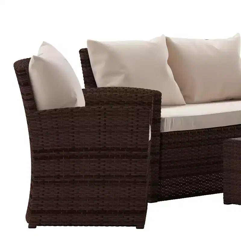 Merrick Lane 4 Piece Patio Set Contemporary Loveseat, 2 Chair and Coffee Table Set with Back Pillows and Seat Cushions
