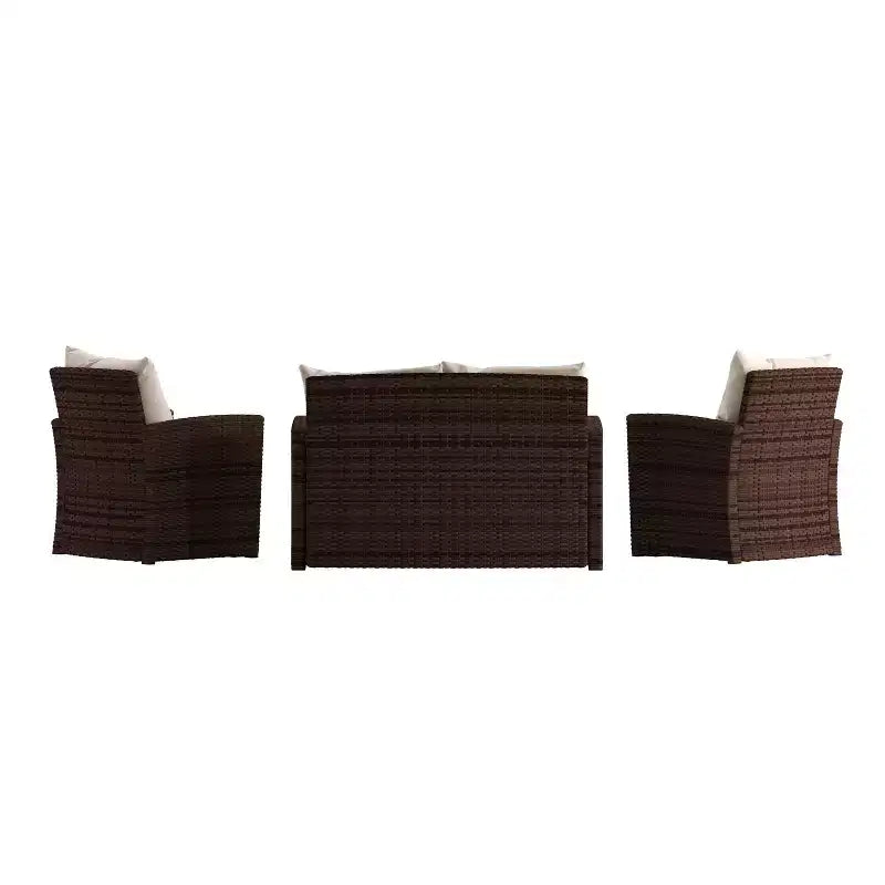 Merrick Lane 4 Piece Patio Set Contemporary Loveseat, 2 Chair and Coffee Table Set with Back Pillows and Seat Cushions