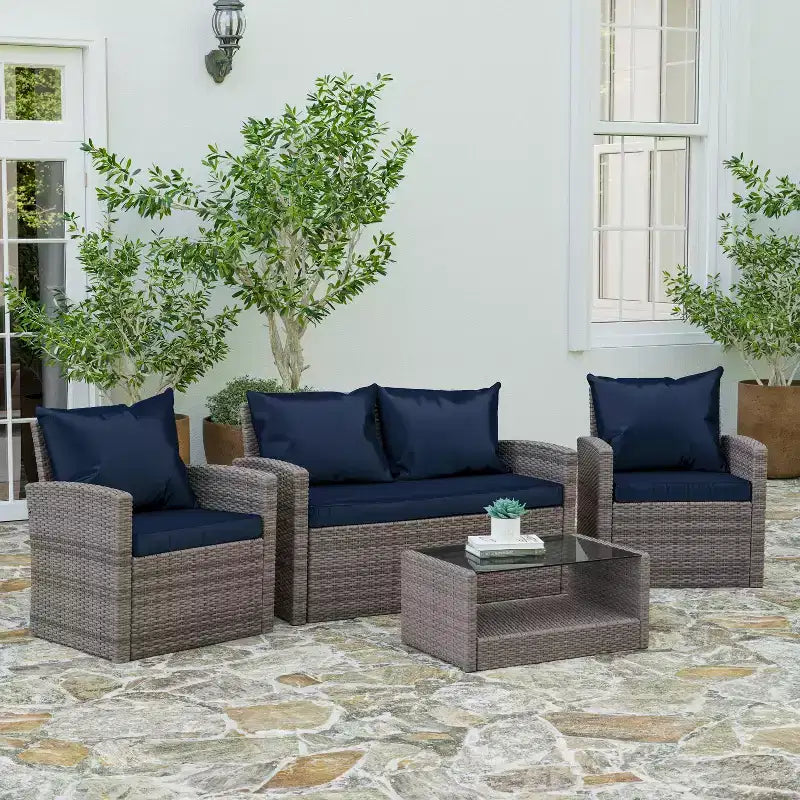 Merrick Lane 4 Piece Patio Set Contemporary Loveseat, 2 Chair and Coffee Table Set with Back Pillows and Seat Cushions