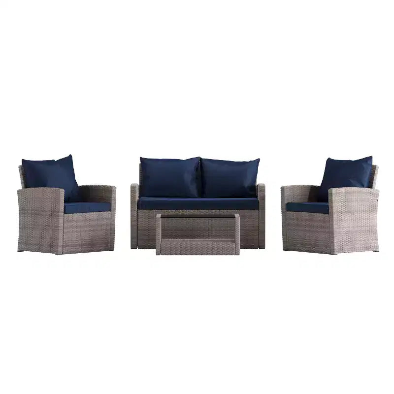 Merrick Lane 4 Piece Patio Set Contemporary Loveseat, 2 Chair and Coffee Table Set with Back Pillows and Seat Cushions