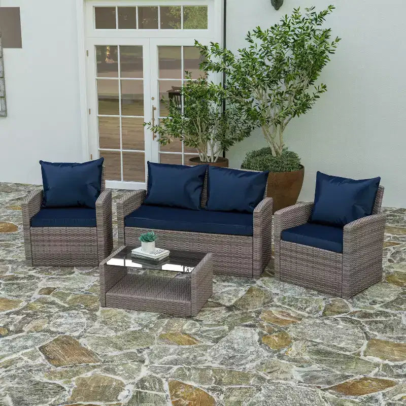 Merrick Lane 4 Piece Patio Set Contemporary Loveseat, 2 Chair and Coffee Table Set with Back Pillows and Seat Cushions