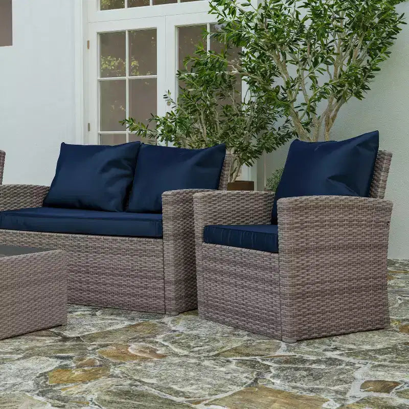 Merrick Lane 4 Piece Patio Set Contemporary Loveseat, 2 Chair and Coffee Table Set with Back Pillows and Seat Cushions