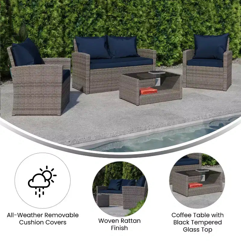 Merrick Lane 4 Piece Patio Set Contemporary Loveseat, 2 Chair and Coffee Table Set with Back Pillows and Seat Cushions