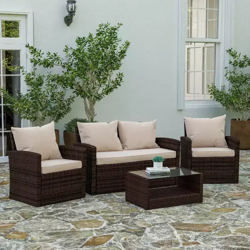 Merrick Lane 4 Piece Patio Set Contemporary Loveseat, 2 Chair and Coffee Table Set with Back Pillows and Seat Cushions