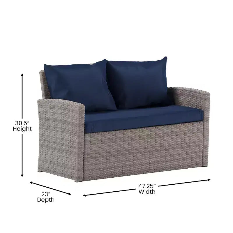Merrick Lane 4 Piece Patio Set Contemporary Loveseat, 2 Chair and Coffee Table Set with Back Pillows and Seat Cushions
