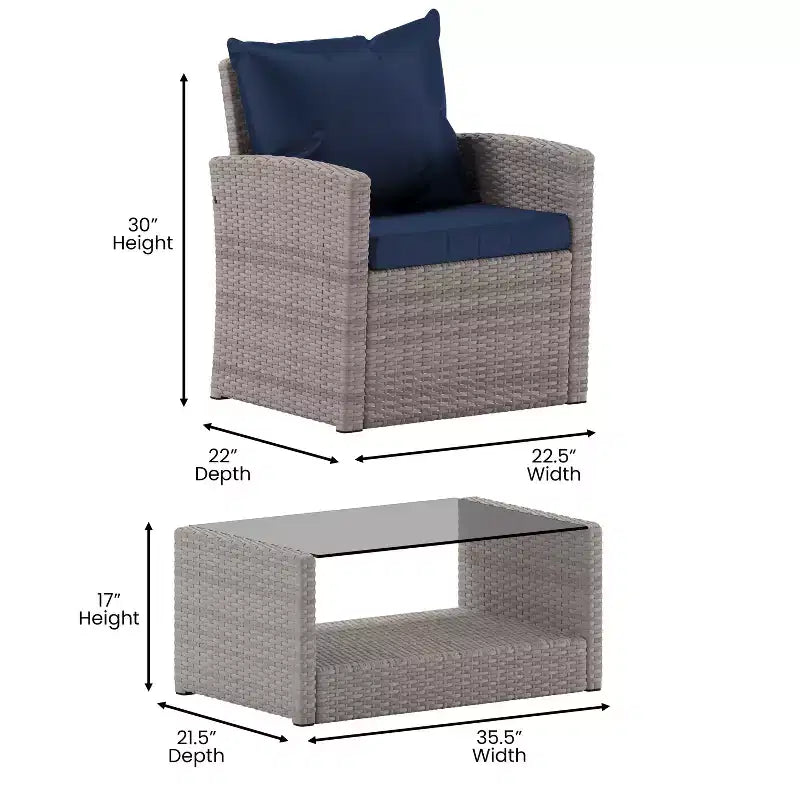 Merrick Lane 4 Piece Patio Set Contemporary Loveseat, 2 Chair and Coffee Table Set with Back Pillows and Seat Cushions