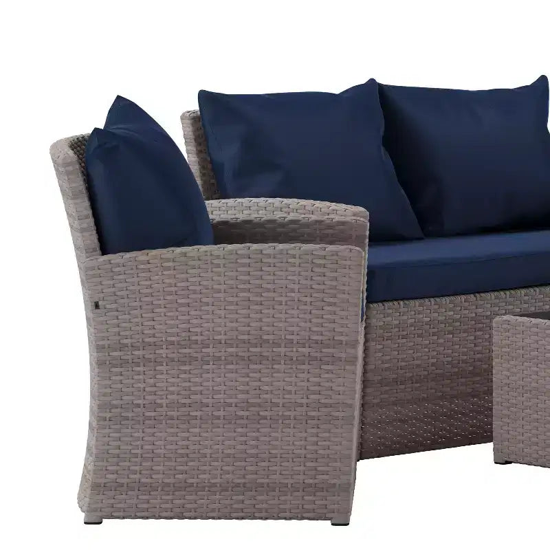 Merrick Lane 4 Piece Patio Set Contemporary Loveseat, 2 Chair and Coffee Table Set with Back Pillows and Seat Cushions