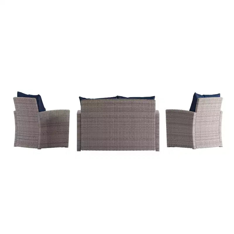 Merrick Lane 4 Piece Patio Set Contemporary Loveseat, 2 Chair and Coffee Table Set with Back Pillows and Seat Cushions