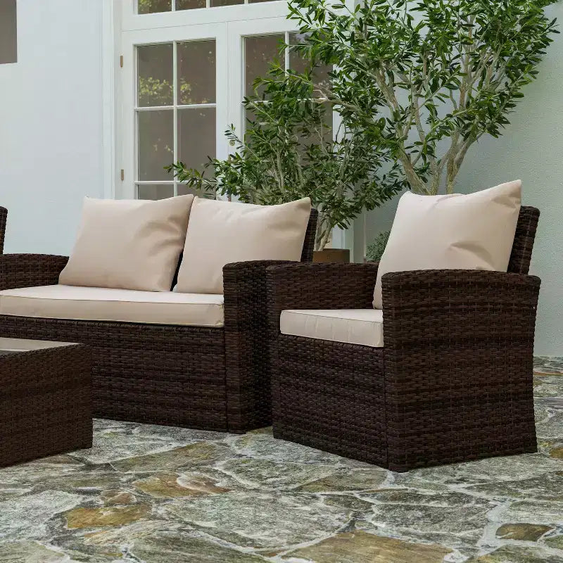 Merrick Lane 4 Piece Patio Set Contemporary Loveseat, 2 Chair and Coffee Table Set with Back Pillows and Seat Cushions