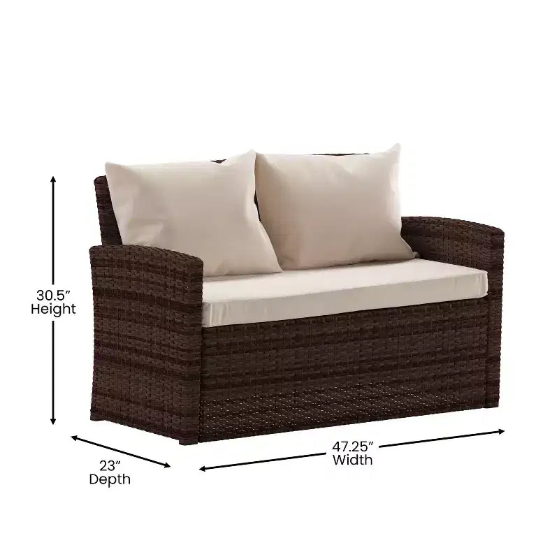 Merrick Lane 4 Piece Patio Set Contemporary Loveseat, 2 Chair and Coffee Table Set with Back Pillows and Seat Cushions