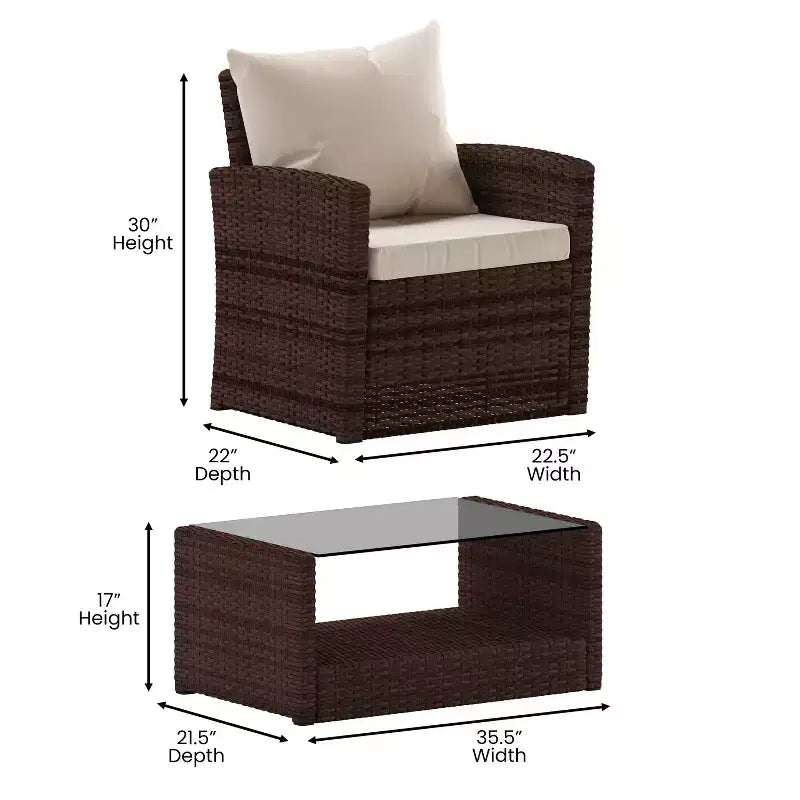 Merrick Lane 4 Piece Patio Set Contemporary Loveseat, 2 Chair and Coffee Table Set with Back Pillows and Seat Cushions