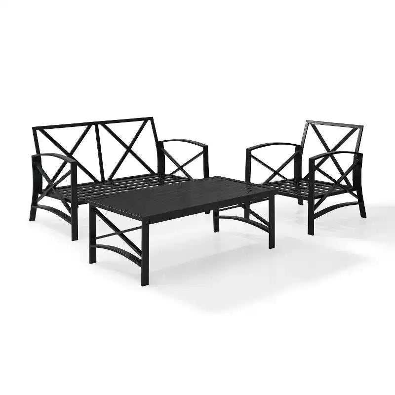 Crosley 3pc Kaplan Steel Outdoor Seating Furniture Set with Loveseat, Chair & Coffee Table