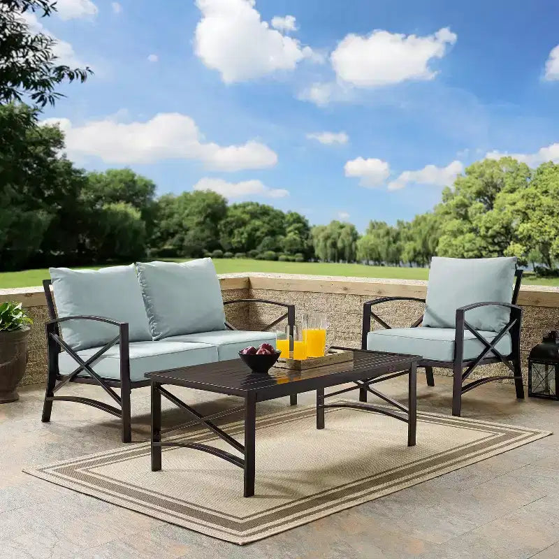 Crosley 3pc Kaplan Steel Outdoor Seating Furniture Set with Loveseat, Chair & Coffee Table