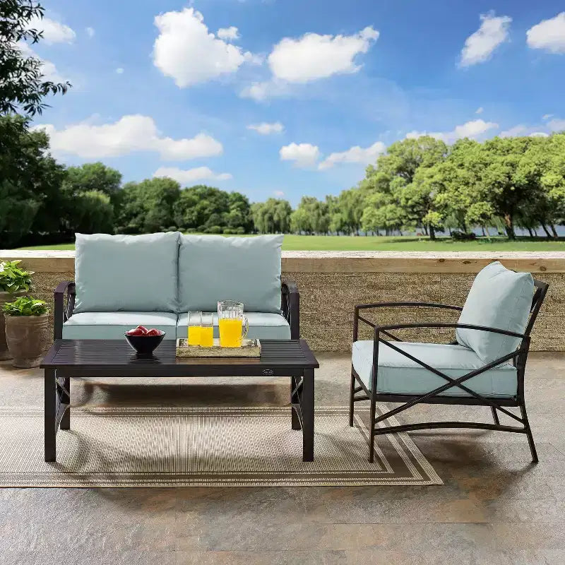 Crosley 3pc Kaplan Steel Outdoor Seating Furniture Set with Loveseat, Chair & Coffee Table
