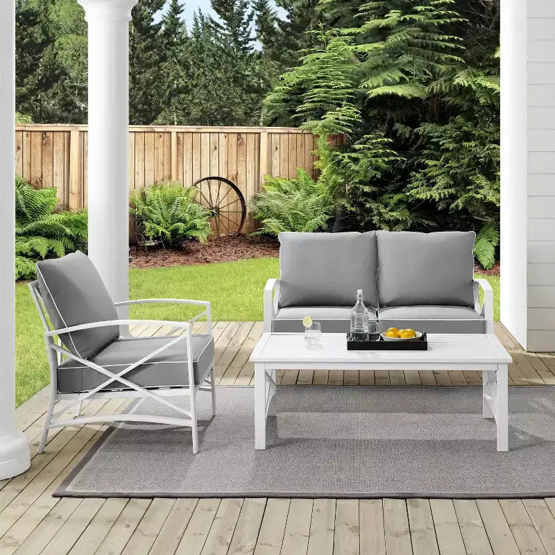 Crosley 3pc Kaplan Steel Outdoor Seating Furniture Set with Loveseat, Chair & Coffee Table